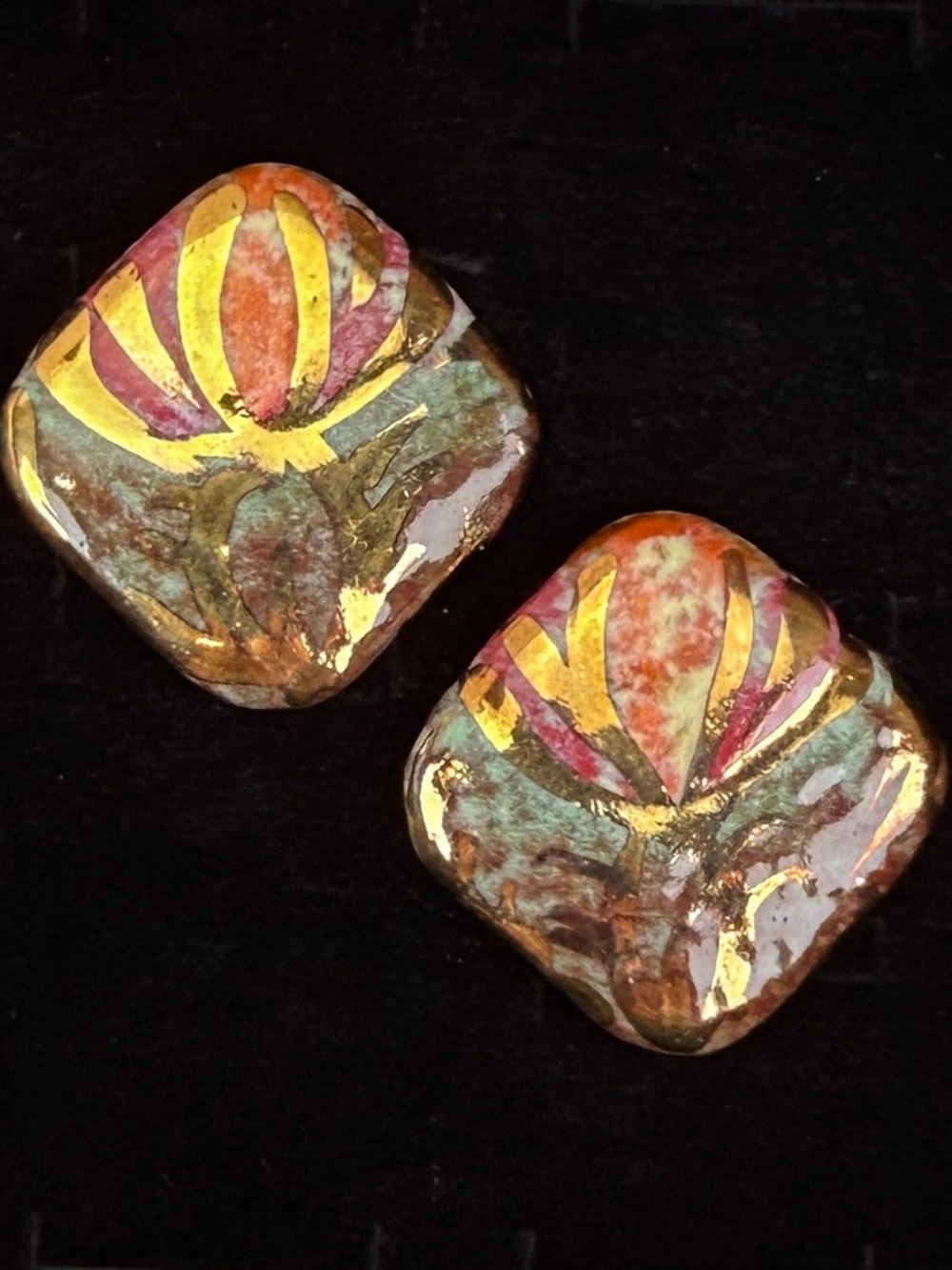 Vintage ceramic goldtone multicolored custom square pierced earrings